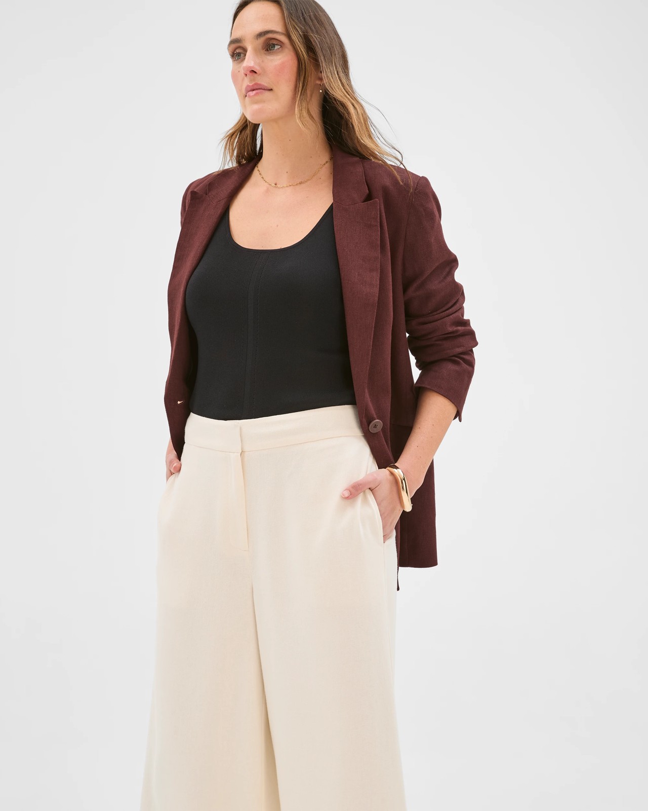 Preview Linen Blend Wide Leg Culotte Pants - Cloud Dancer 3 of 5
