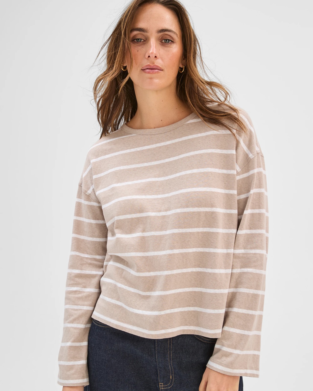 Australian Cotton Long Sleeve Relaxed Slub T-Shirt - Soft Taupe/Pearl Stripe 4 of 6
