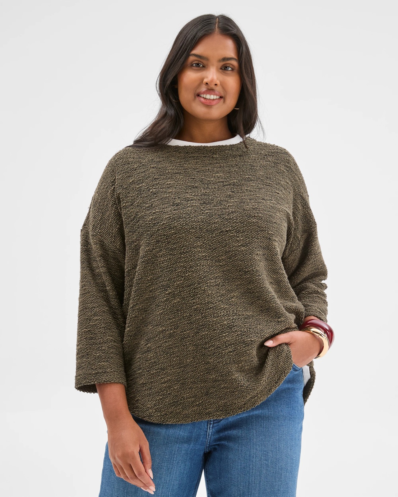 Plus Size Australian Cotton Blend Curved Hem Textured Top - Oregano 4 of 6