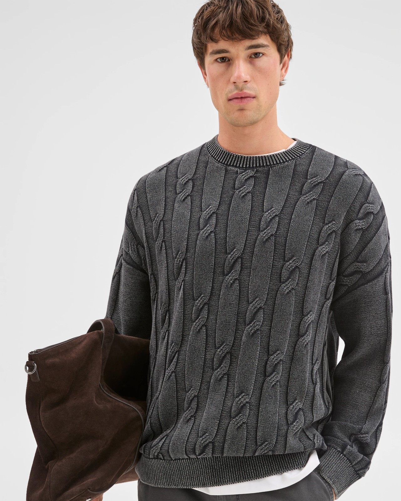 Commons Australian Cotton Cable Knit Washed Crew Jumper - Acid Black 3 of 6