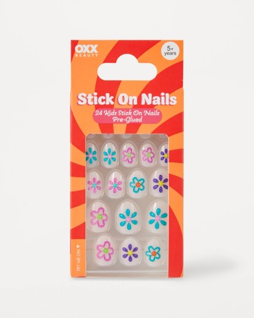 OXX Beauty 24 Pack Kids Pre-Glued Stick-On Nails, Almond Shape - Painted Flower