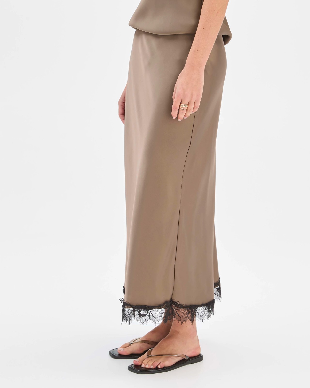 Preview Lace Trim Satin Midi Skirt 5 of 5