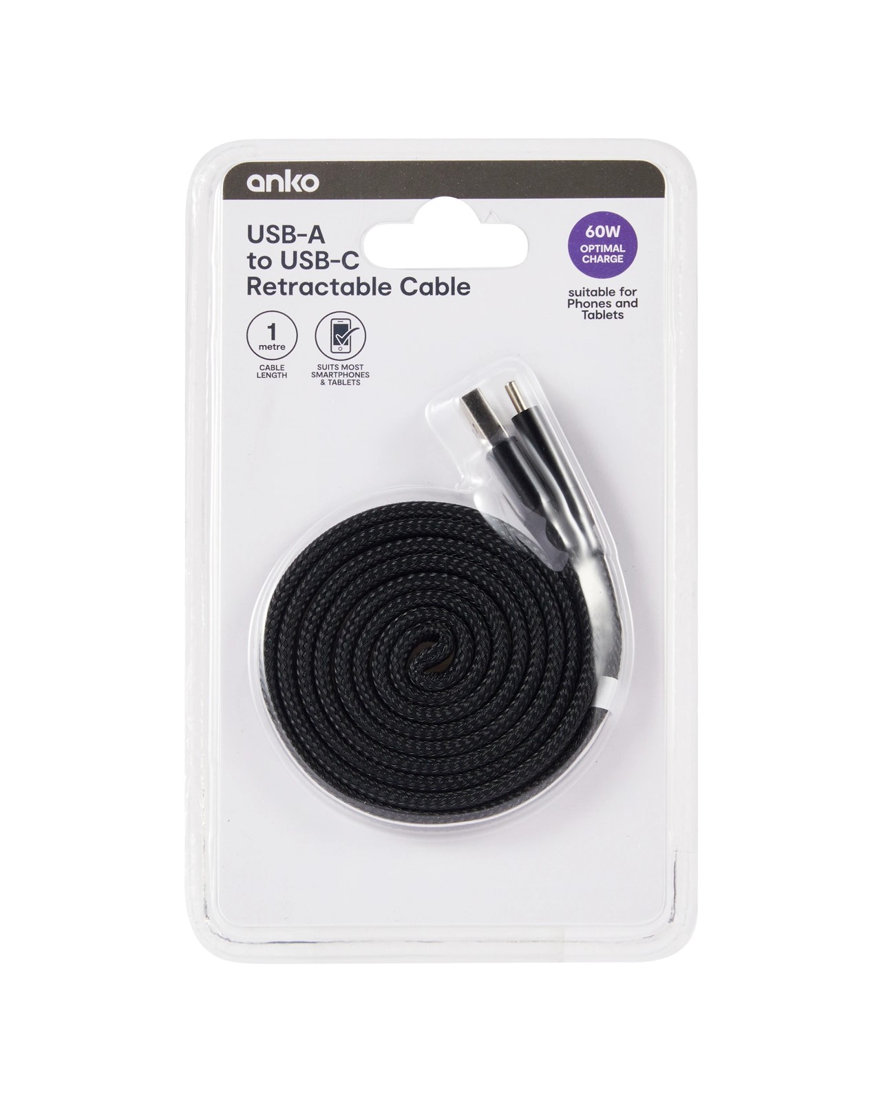 USB-A to USB-C Retractable Universal Cable, 1m - Anko 4 of 5