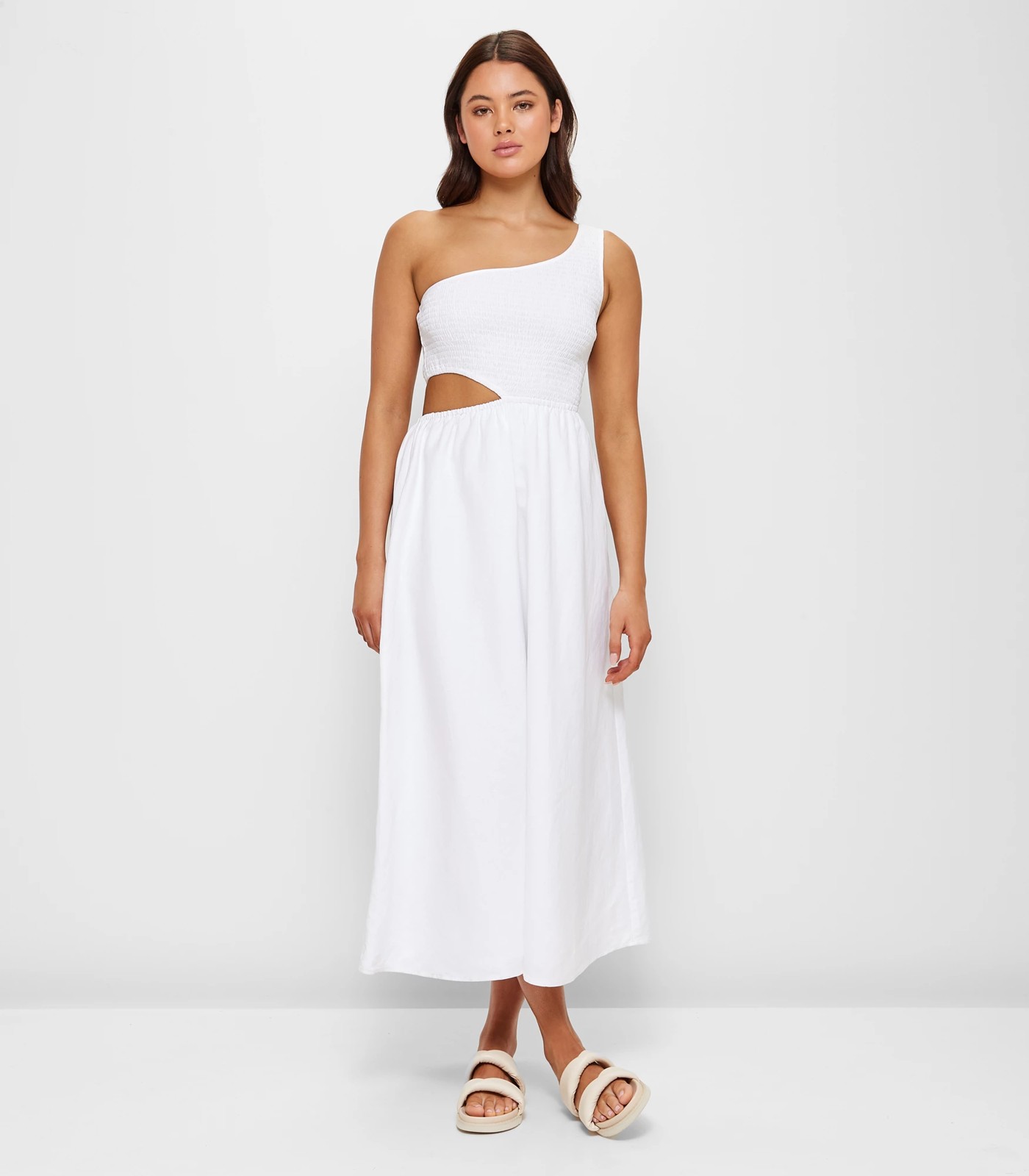 European Linen Blend One Shoulder Midi Dress - Lily Loves - White