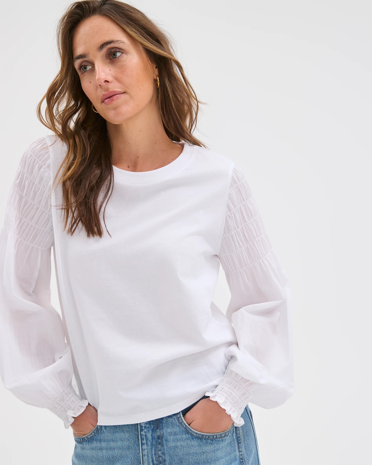Australian Cotton Long Sleeve Shirred Sleeve Top - Brilliant White 4 of 6