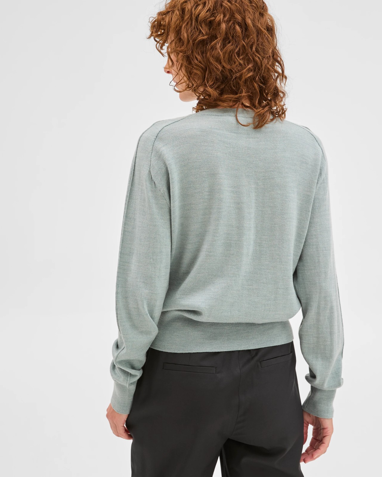 Preview Australian Merino Wool Long Sleeve V-Neck Knit Top - Green Slate Marle 5 of 6