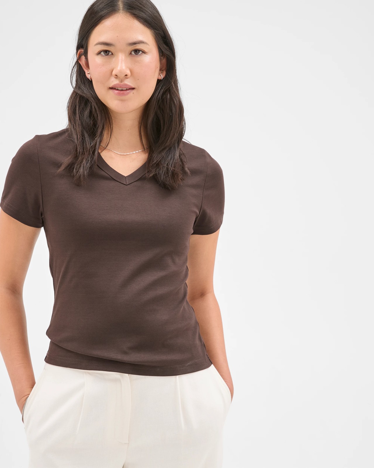 Preview Australian Cotton V-Neck Interlock T-Shirt - Coffee Bean 4 of 5