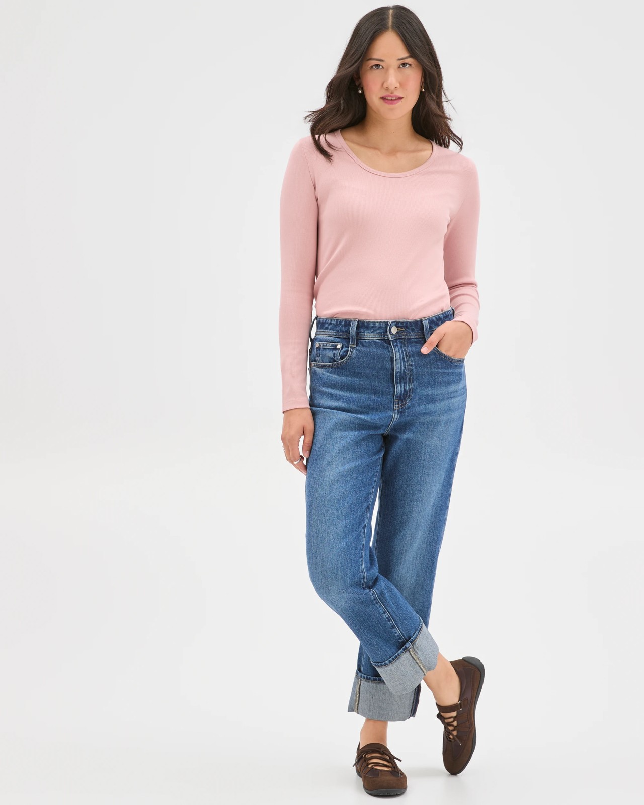 Australian Cotton Long Sleeve Scoop Neck Rib T-Shirt - Soft Blush 2 of 5