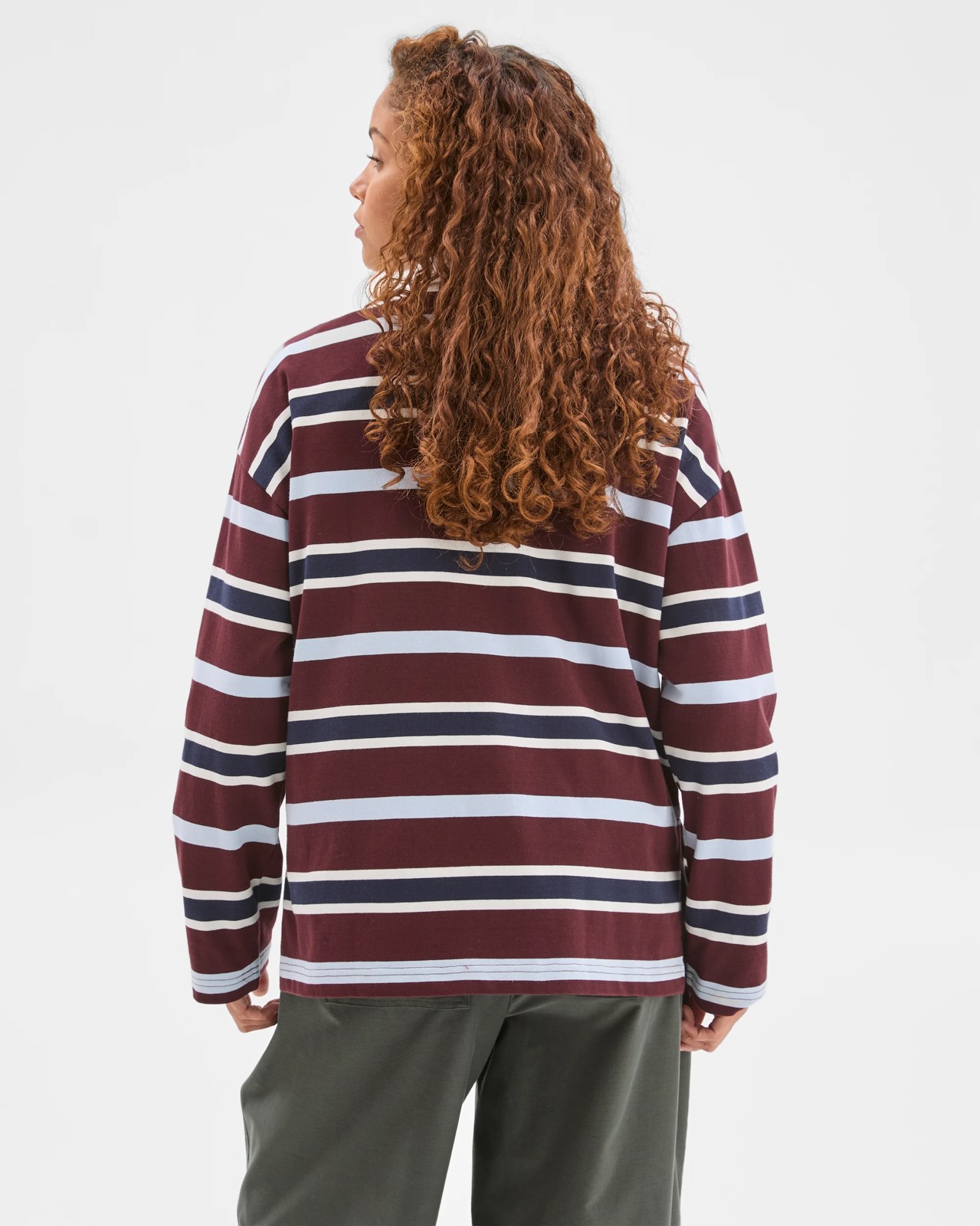 Australian Cotton Long Sleeve Rugby Polo Top - Burgundy Stripe 6 of 6