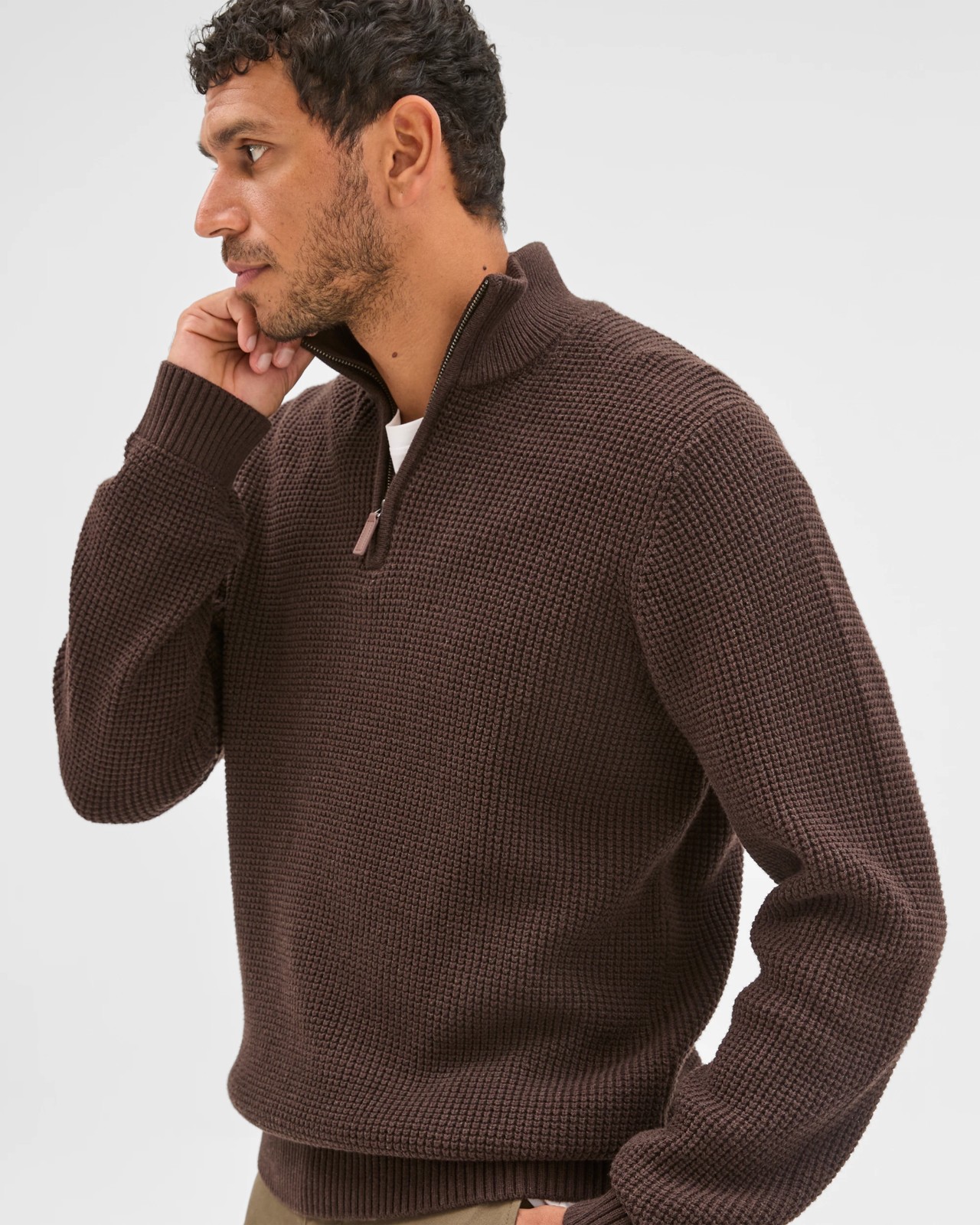 Australian Cotton Midweight 1/2 Zip Knit Sweater - Chocolate 3 of 6