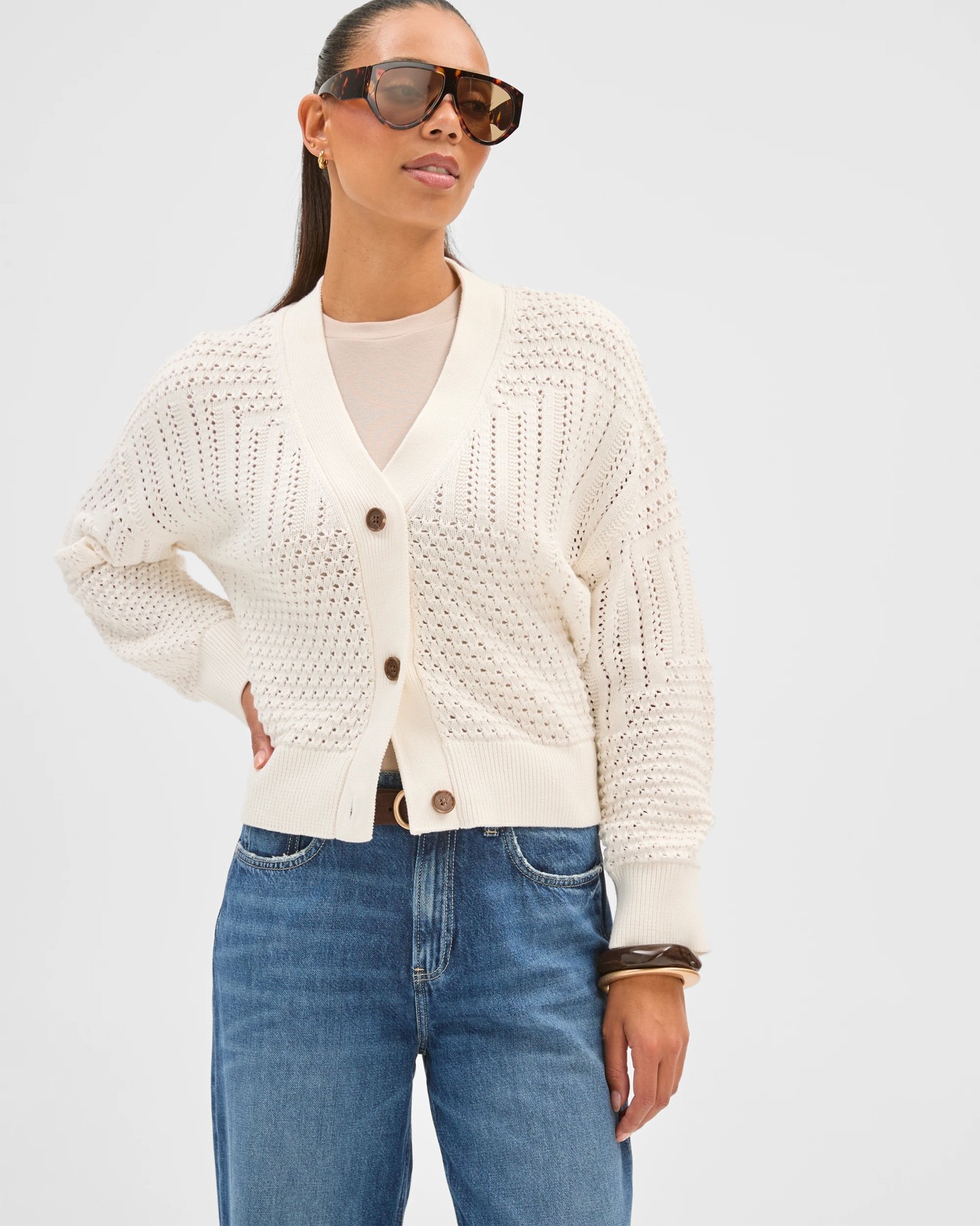 Australian Cotton Crochet Knit Cardigan  - Cloud Dancer 4 of 6