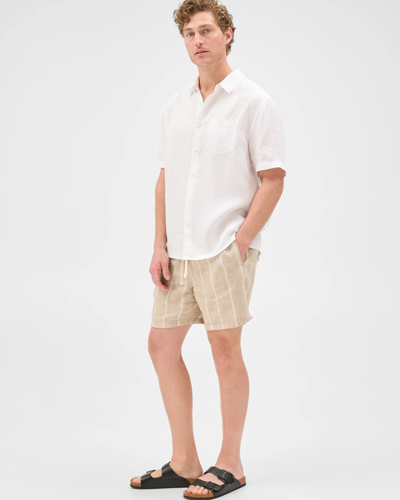 European Linen Elastic Waist Striped Shorts - Stone 4 of 6