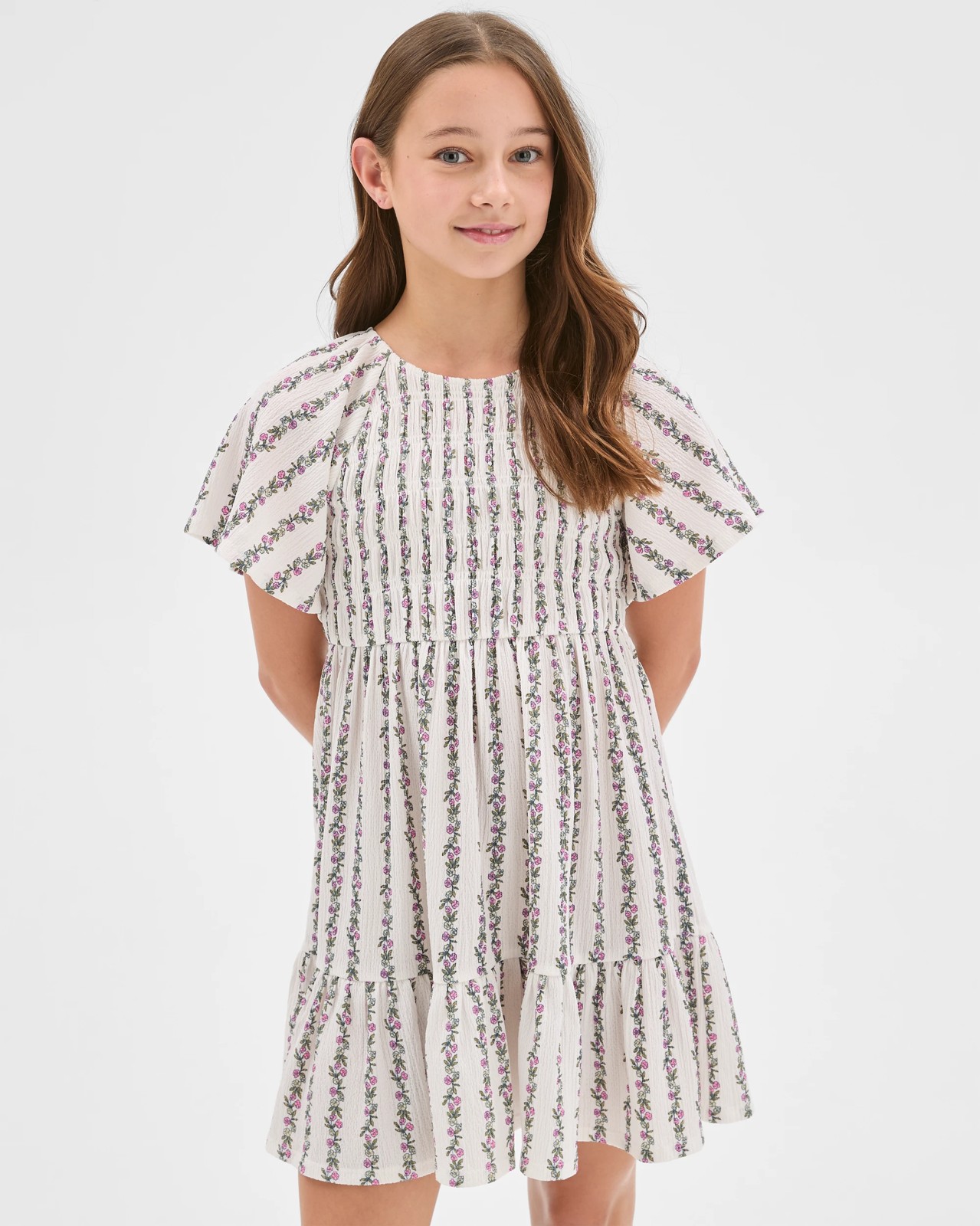 Flutter Sleeve Textured Knit Dress - Floral Stripe Cream 3 of 5