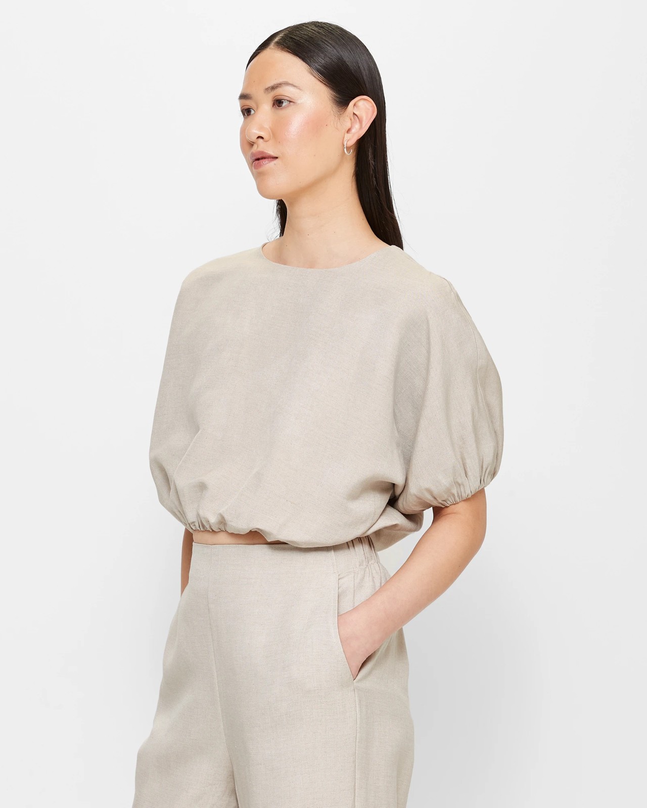 Linen Blend Balloon Sleeve Top - Preview 3 of 5