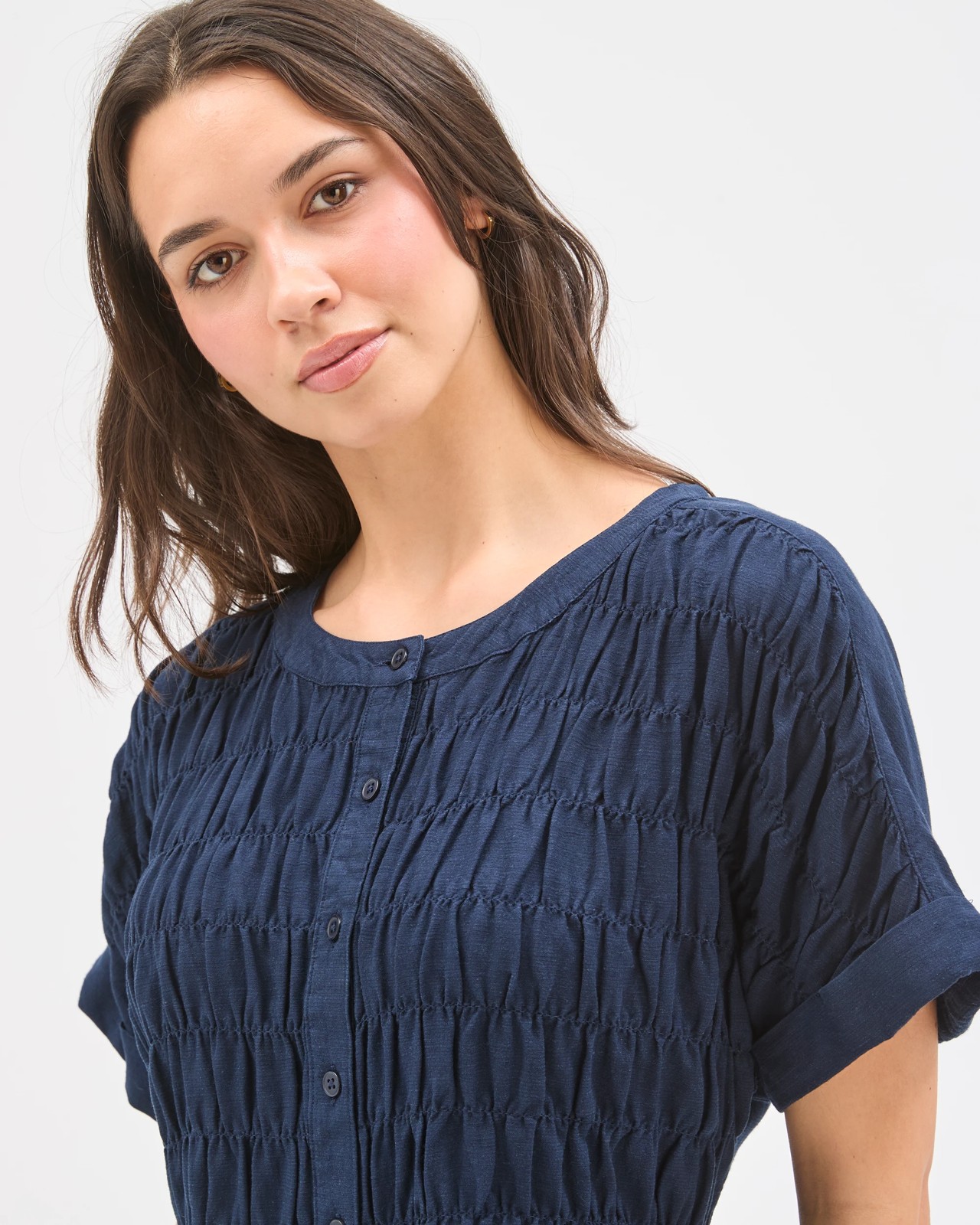 Short Sleeve Shirred Button Through Top - Navy Blue 3 of 5