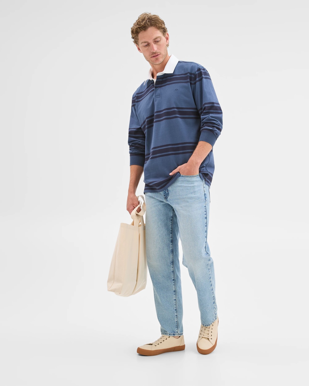 Australian Cotton Long Sleeve Rugby Polo Top - Denim Stripe 2 of 5