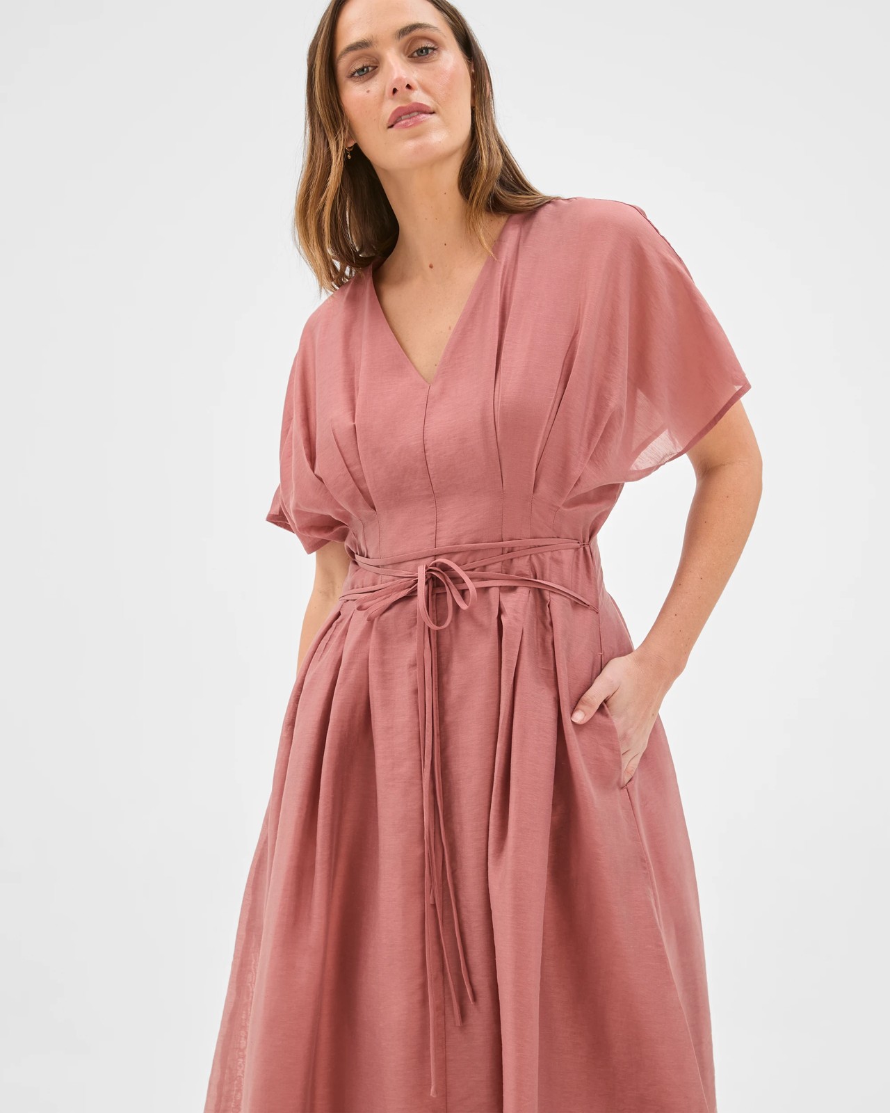 Preview Short Sleeve Tuck Detail Midi Dress - Rose Smoke 3 of 5