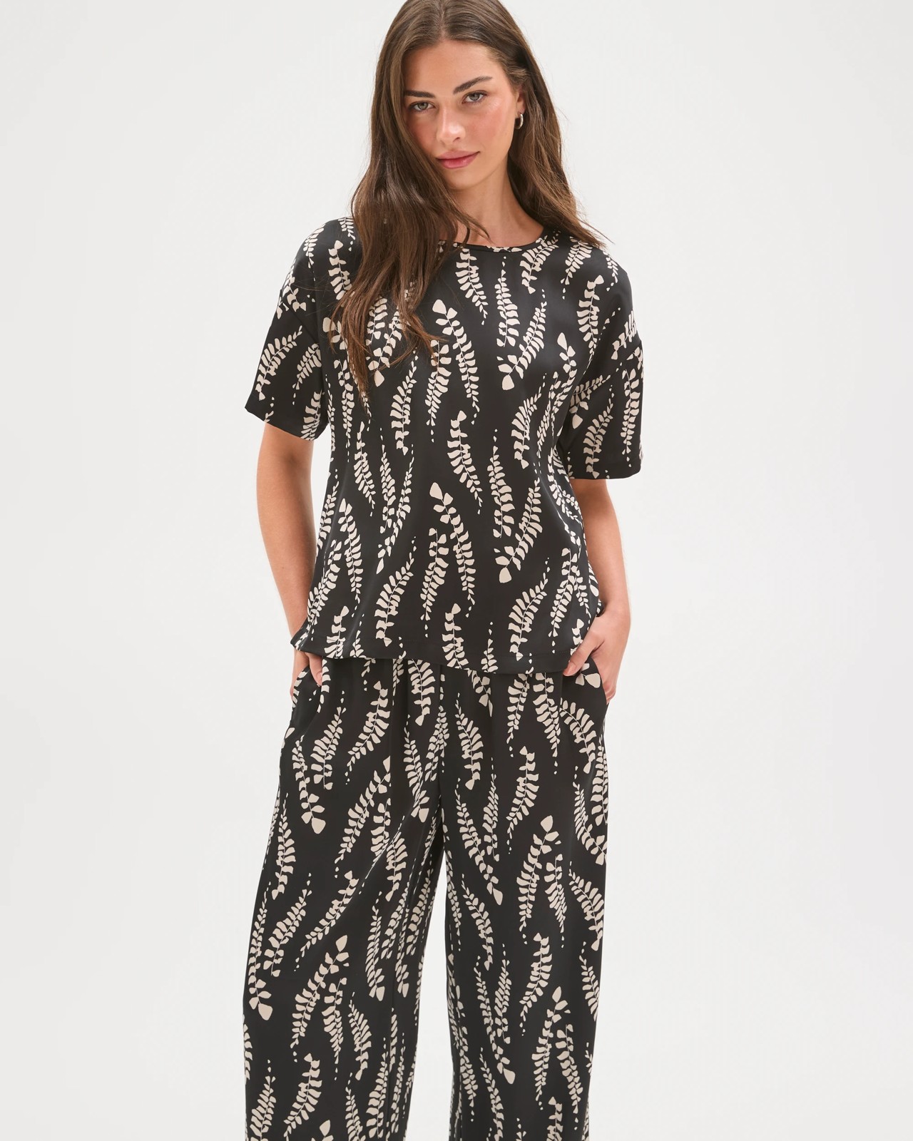 Petites Wide Leg Satin Pants - Black Leaf Print 6 of 6