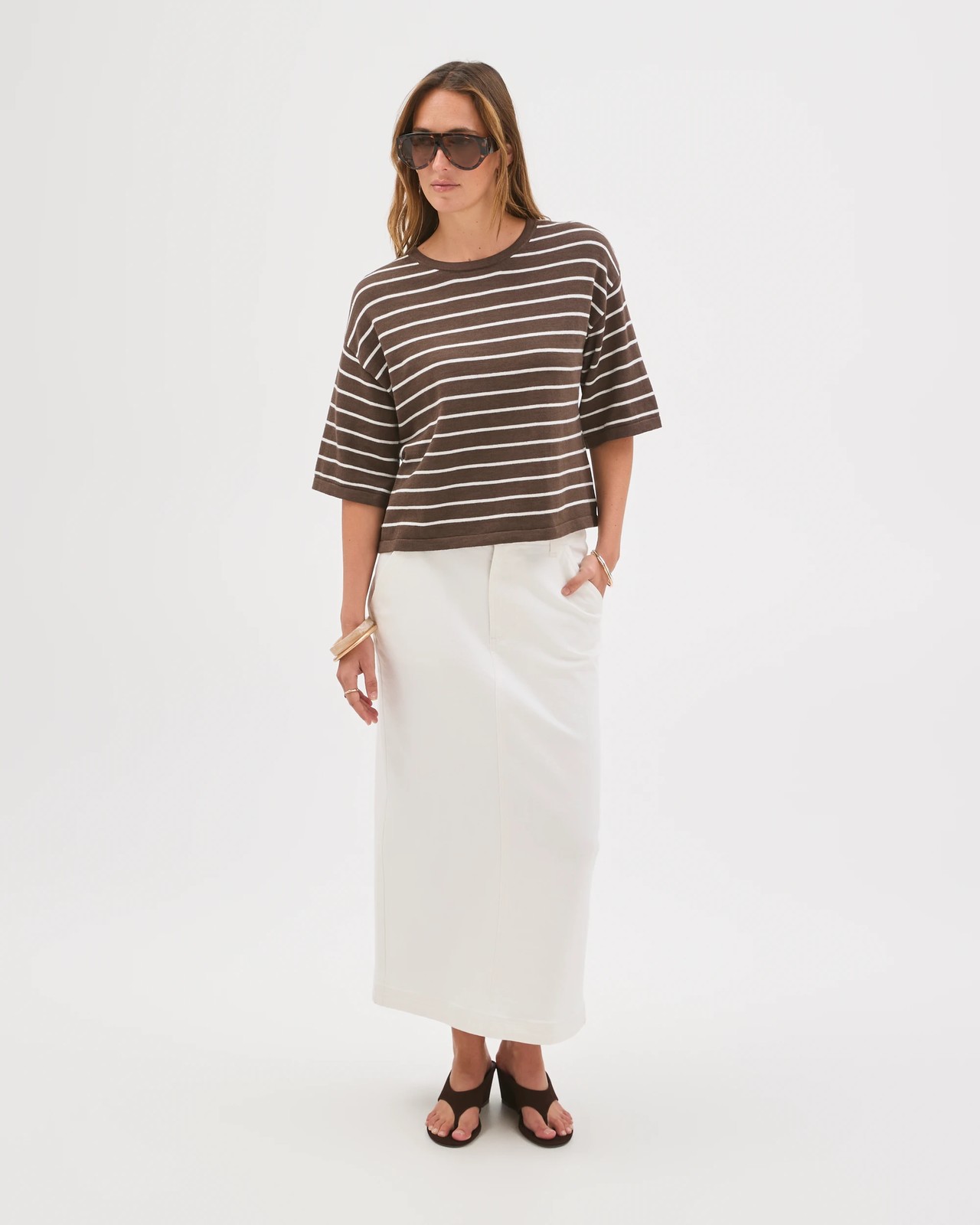 Australian Cotton Blend Drop Shoulder Boxy Knit T-Shirt - Brown Stripe 2 of 6