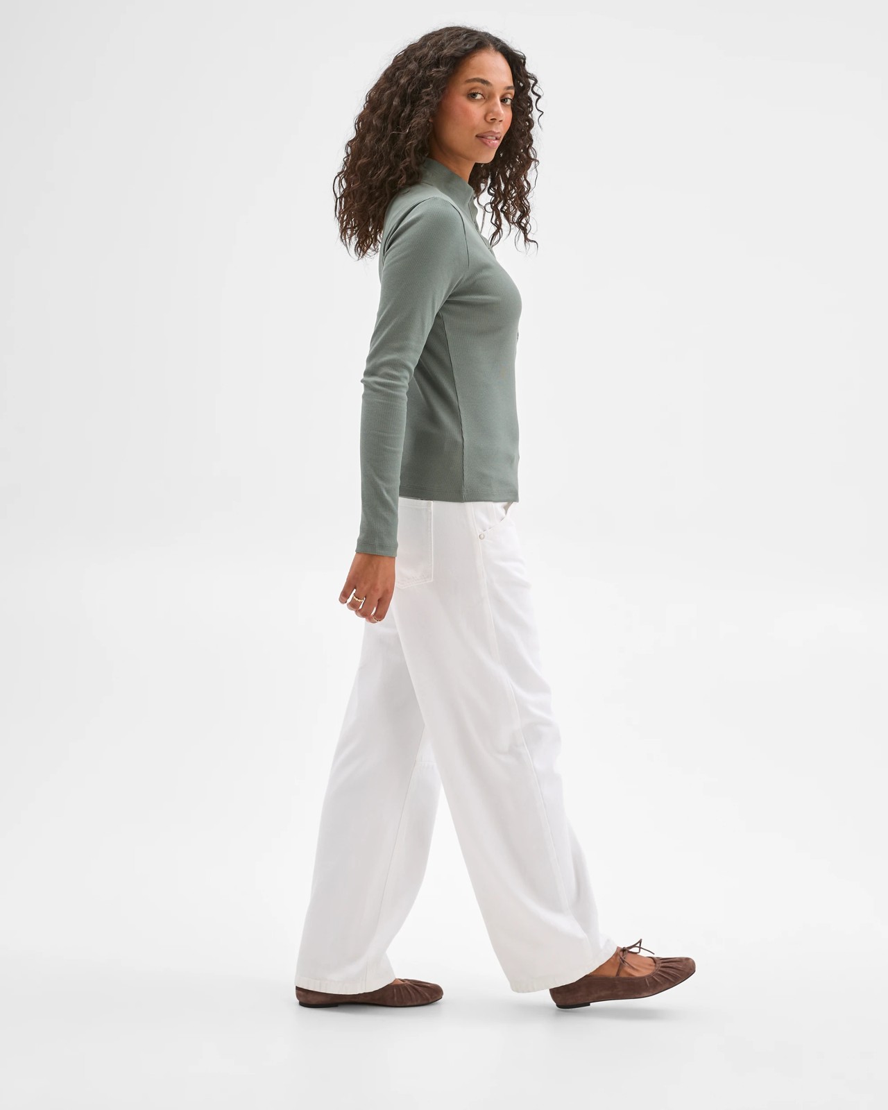 Australian Cotton Long Sleeve Mock Neck Henley Top - Dusty Khaki 4 of 5
