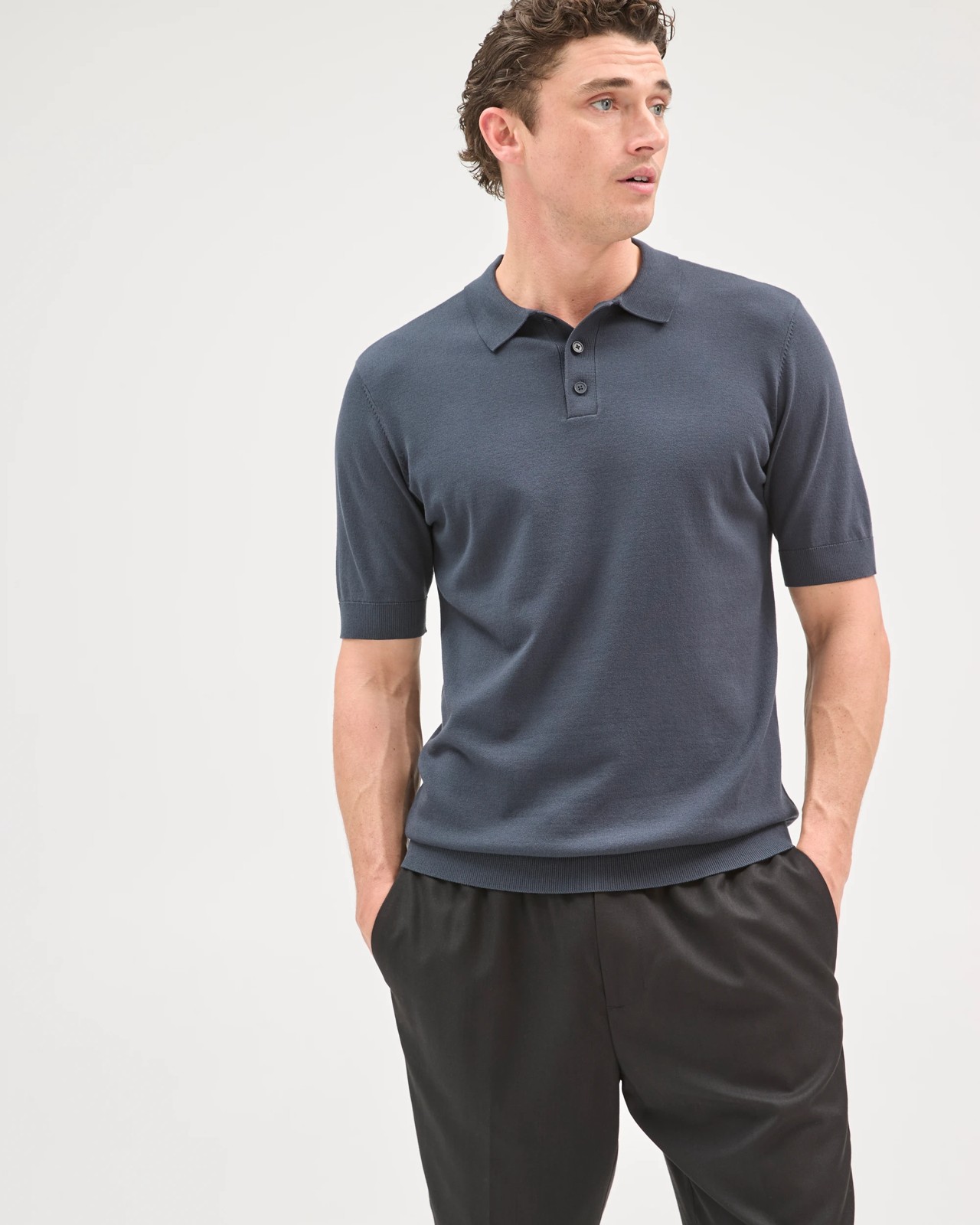 Preview Short Sleeve Knitwear Polo Top - Petrol 3 of 5