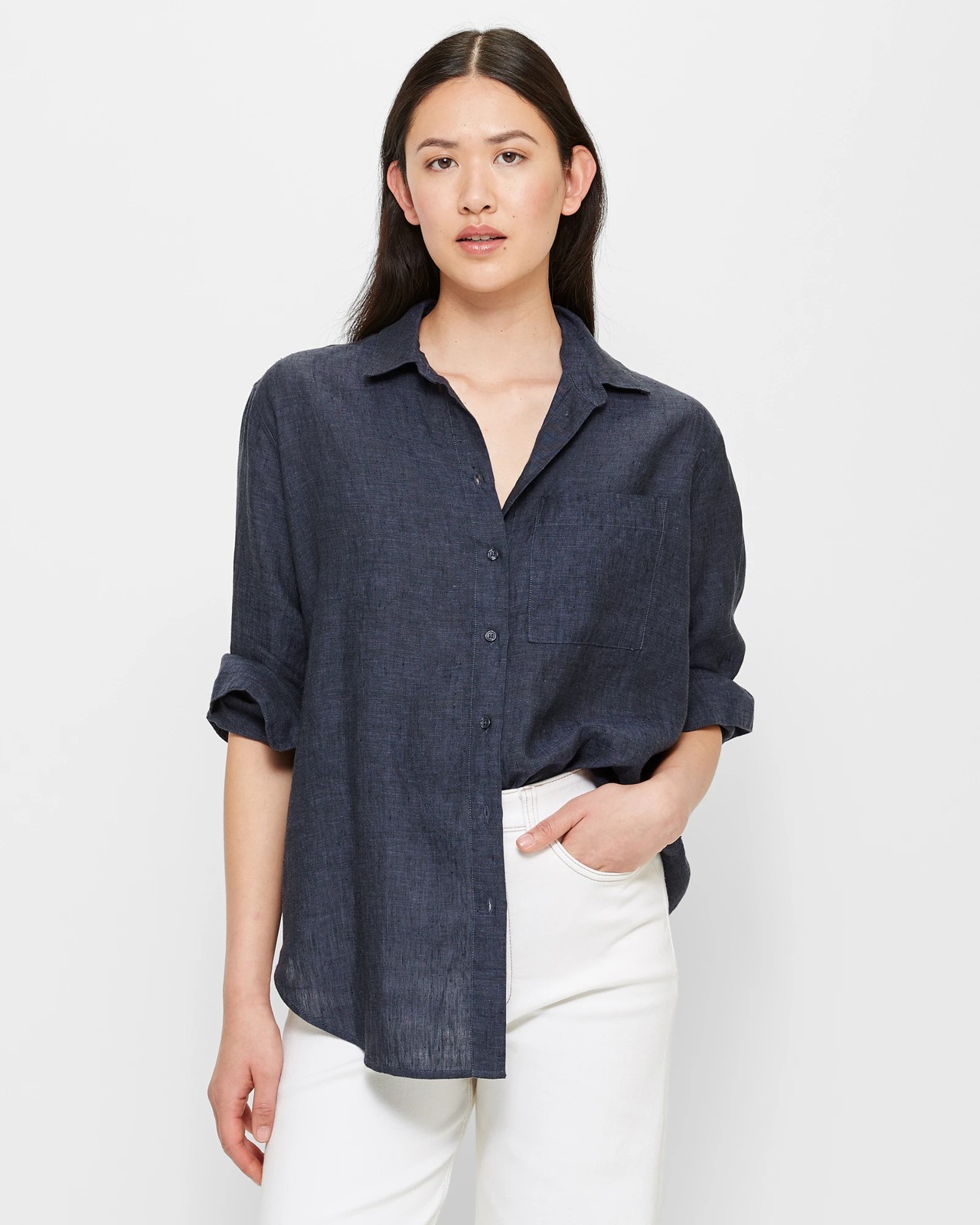 European Linen Long Sleeve Shirt - Navy Pinstripe