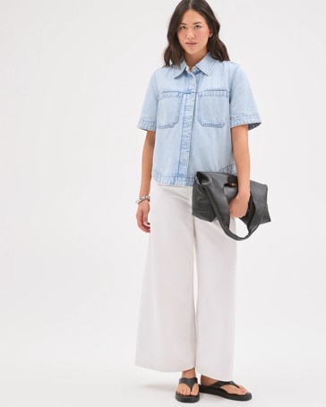 Short Sleeve Concealed Placket Denim Shirt