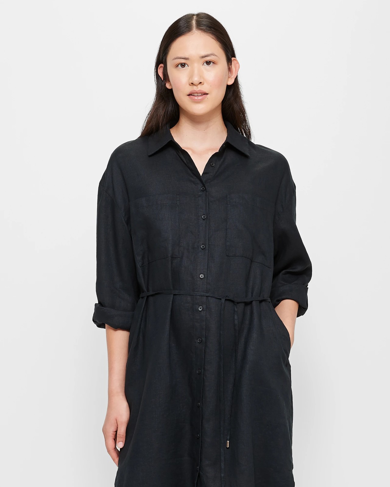 European Linen Midi Shirt Dress