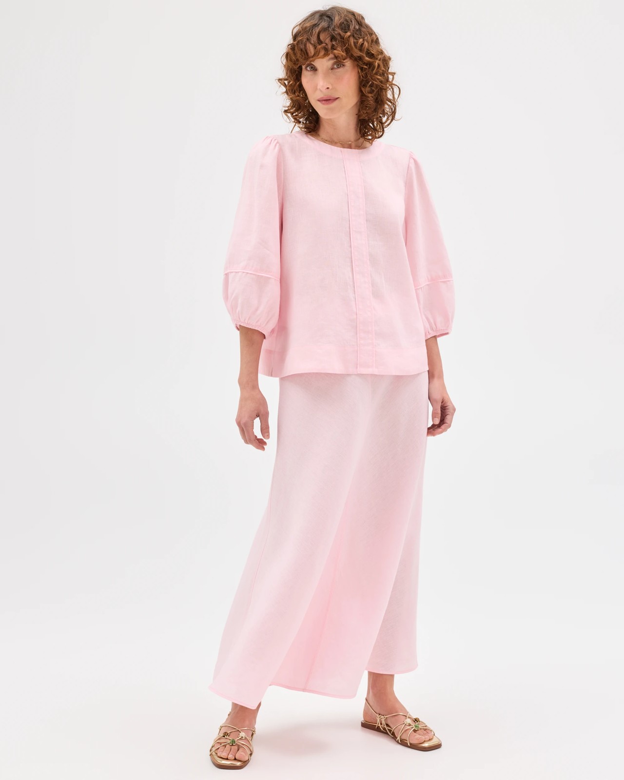 European Linen Seam Detail Midi Skirt - Pink + Rose 5 of 5