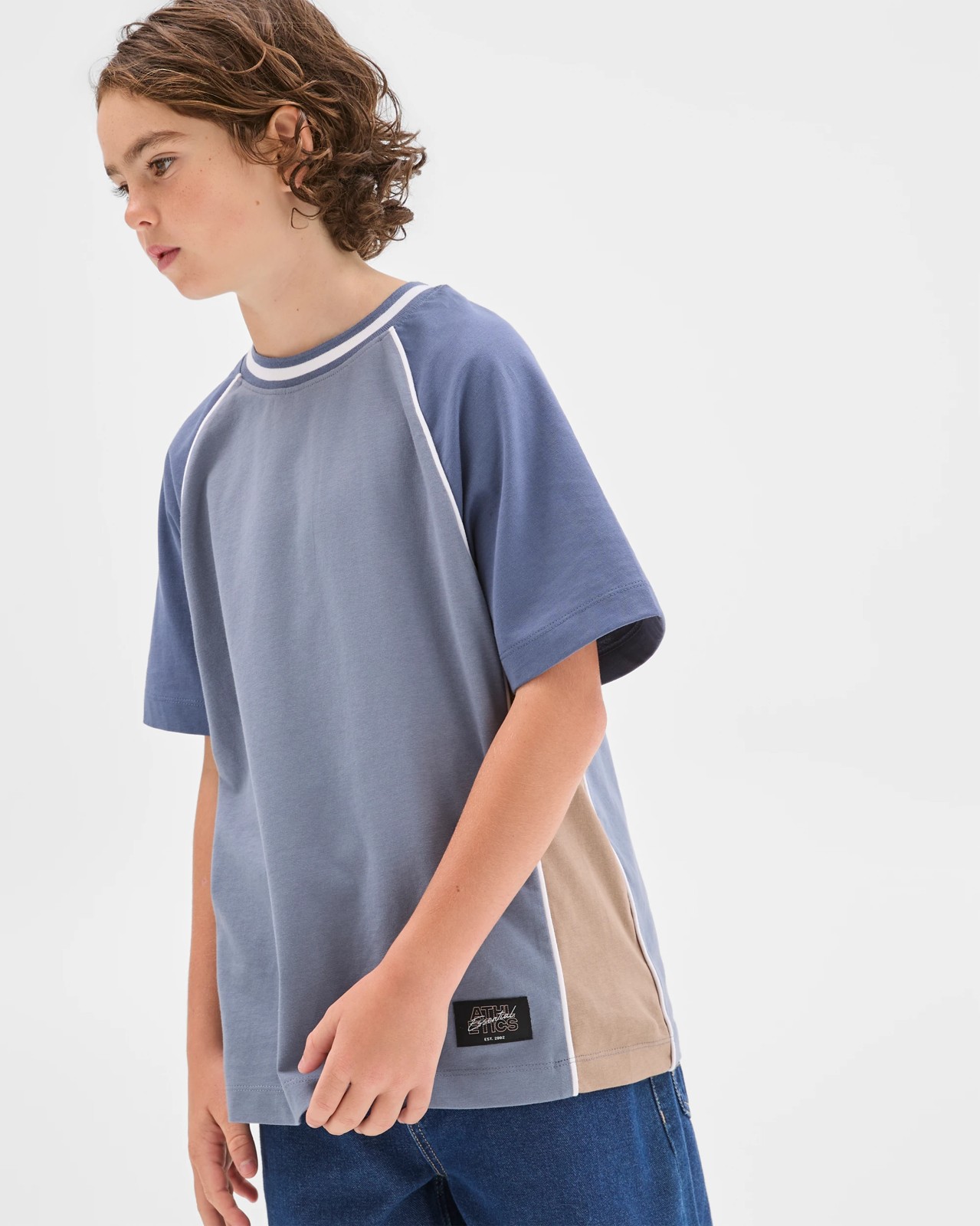 Australian Cotton Raglan Sleeve Spliced T-Shirt - Blue 2 of 6