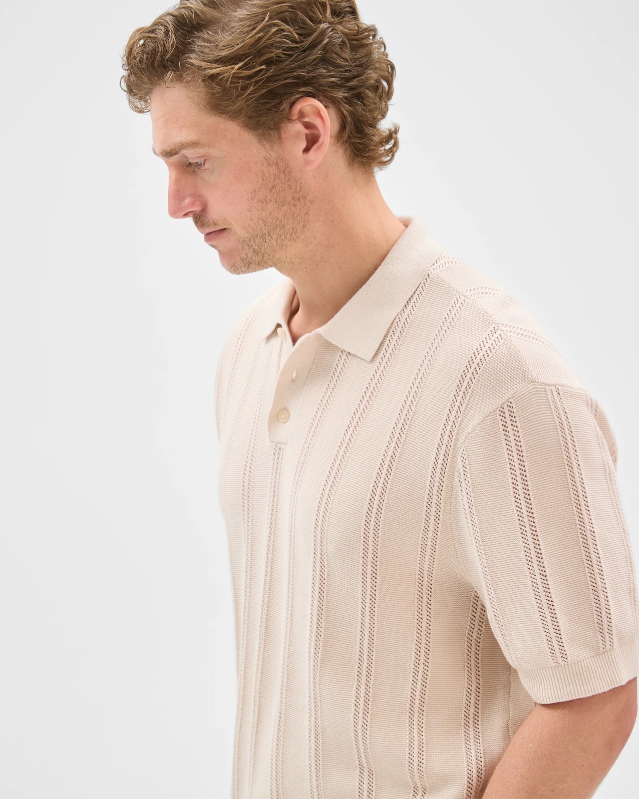 Australian Cotton Textured Stripe Knit Polo Top - Birch 6 of 6