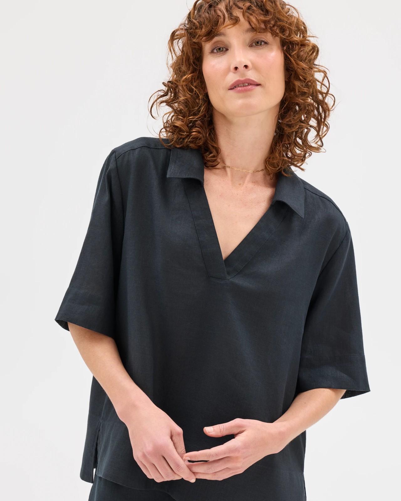 European Linen Short Sleeve A-Line Popover Shirt - Black 5 of 6