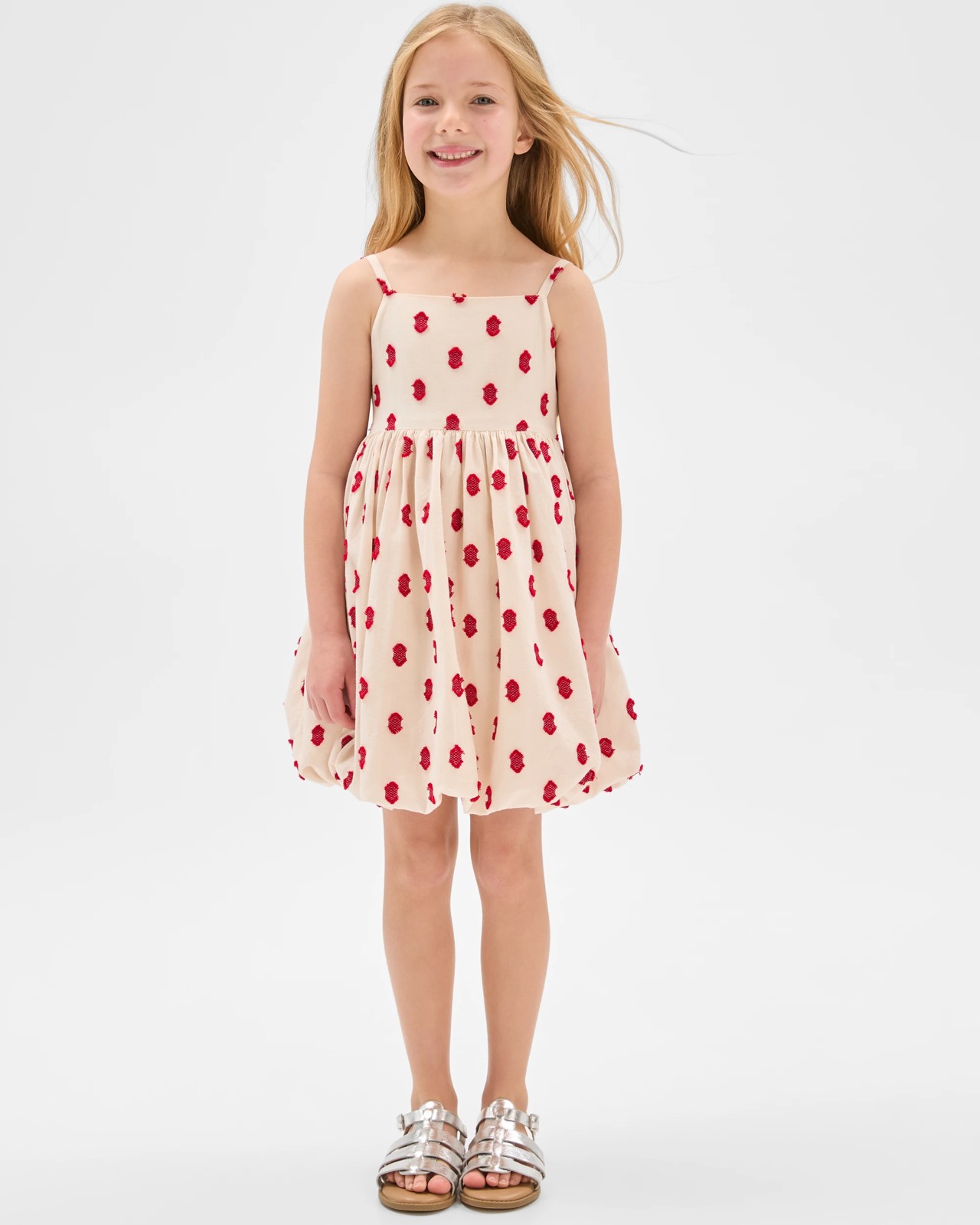 Cotton Woven Sleeveless Balloon Dress - White Red Spot 5 of 5