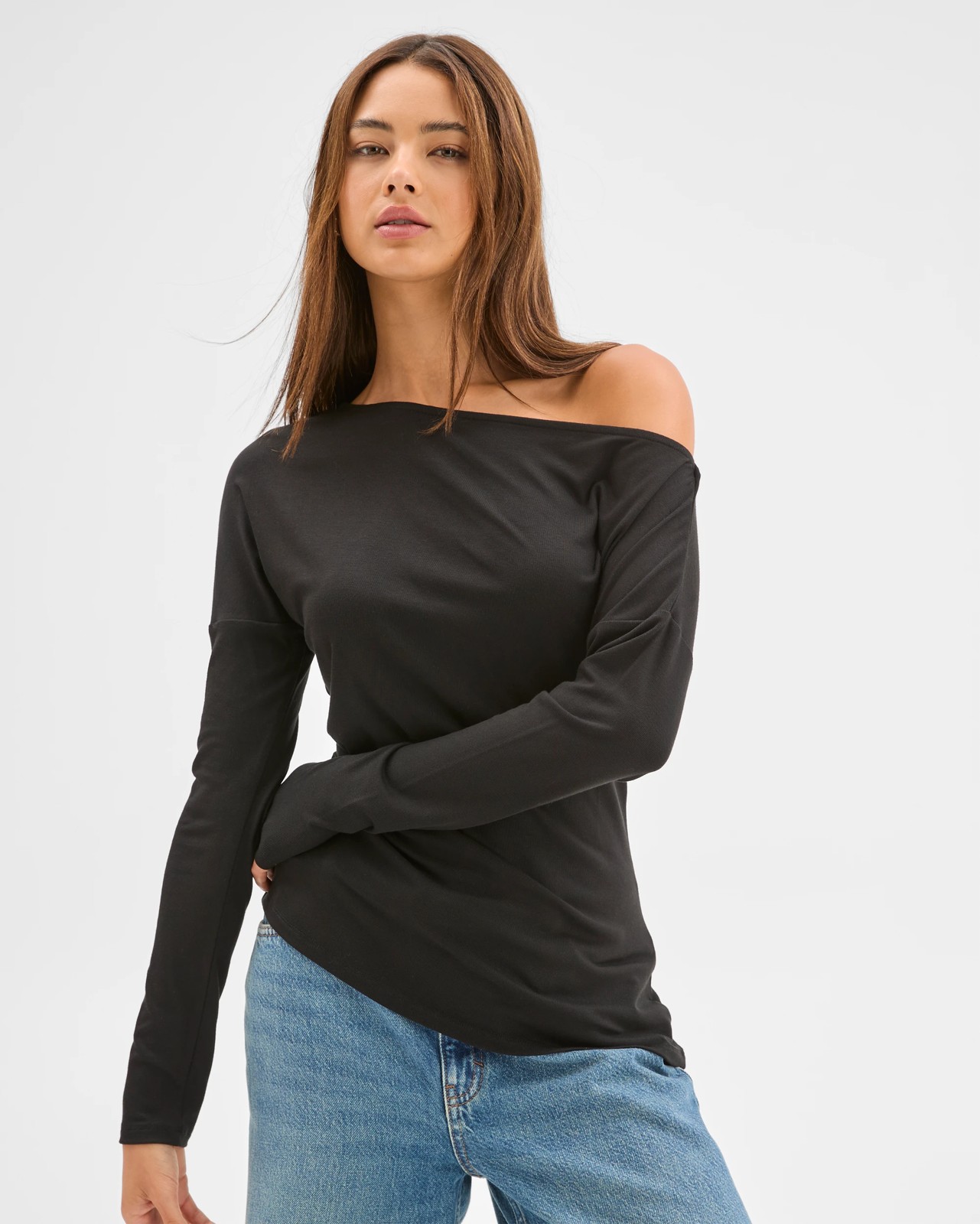 Lily Loves Asymmetrical Boat Neck Skivvy Top - Black 2 of 5