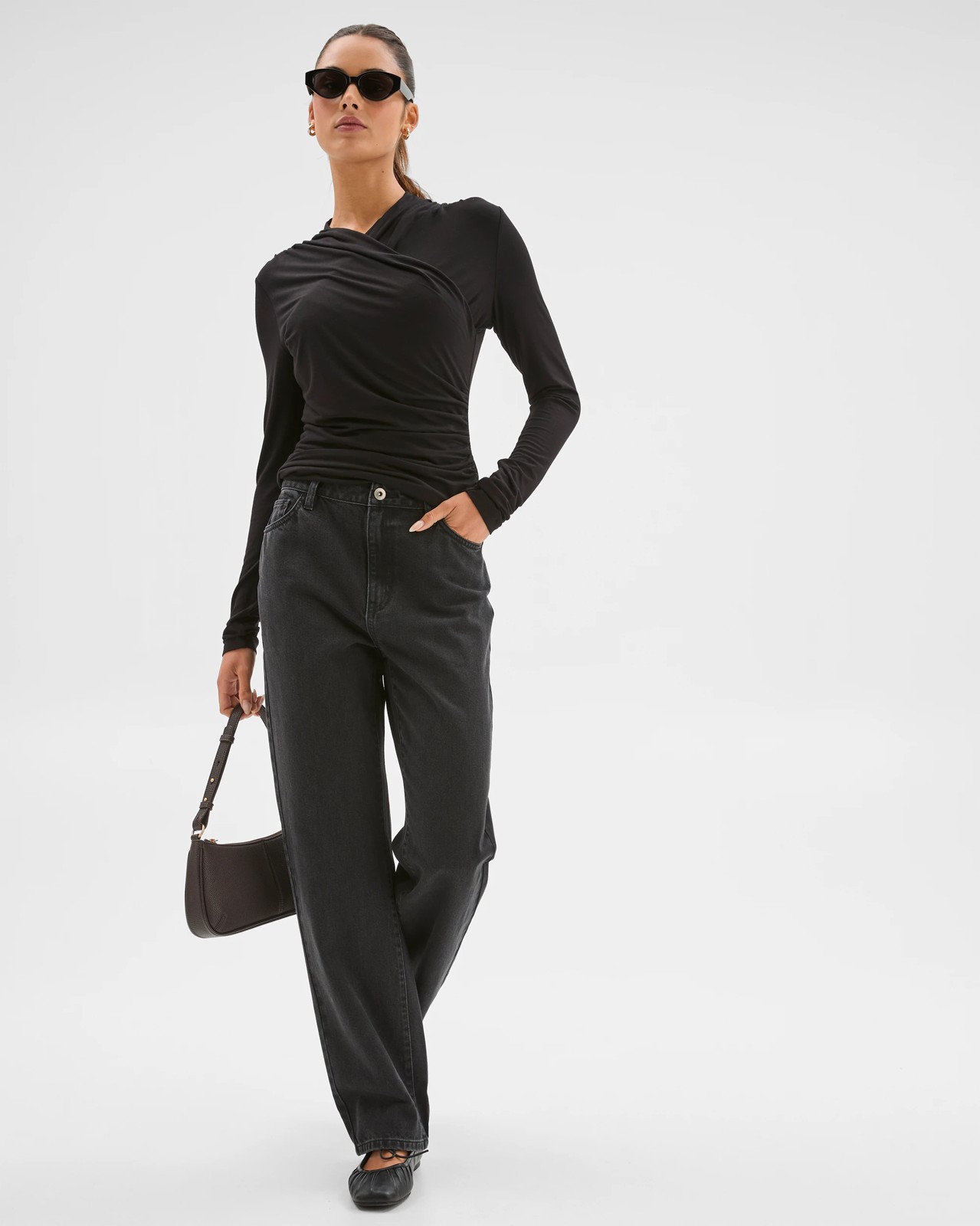 Lily Loves Long Sleeve Crossover Drape Top - Black 2 of 6