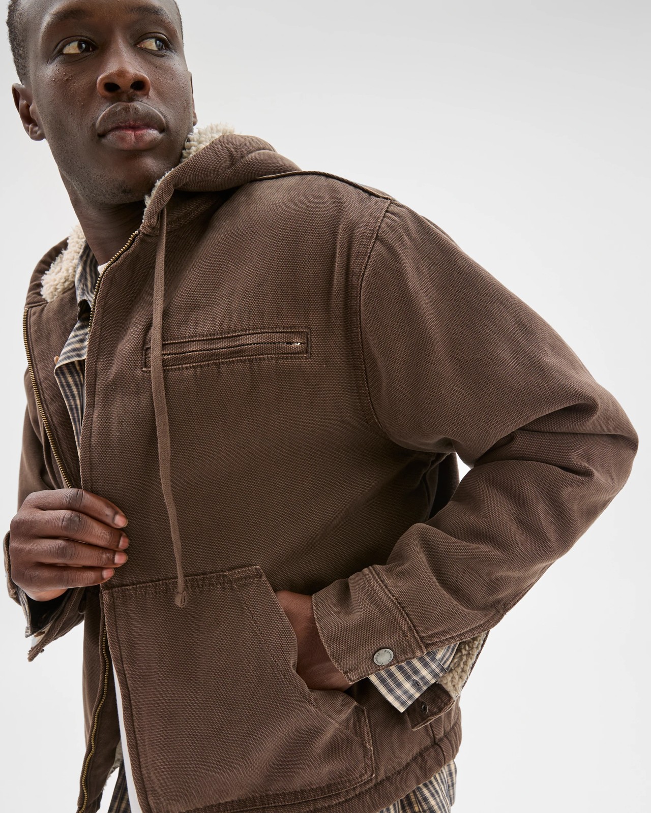 Commons Heavyweight Washed Hooded Worker Jacket - Choc Brown 5 of 6