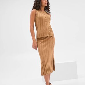 Australian Cotton/Linen Blend Ribbed Midi Skirt