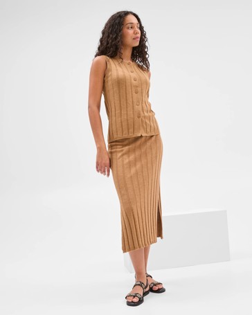 Australian Cotton/Linen Blend Ribbed Midi Skirt
