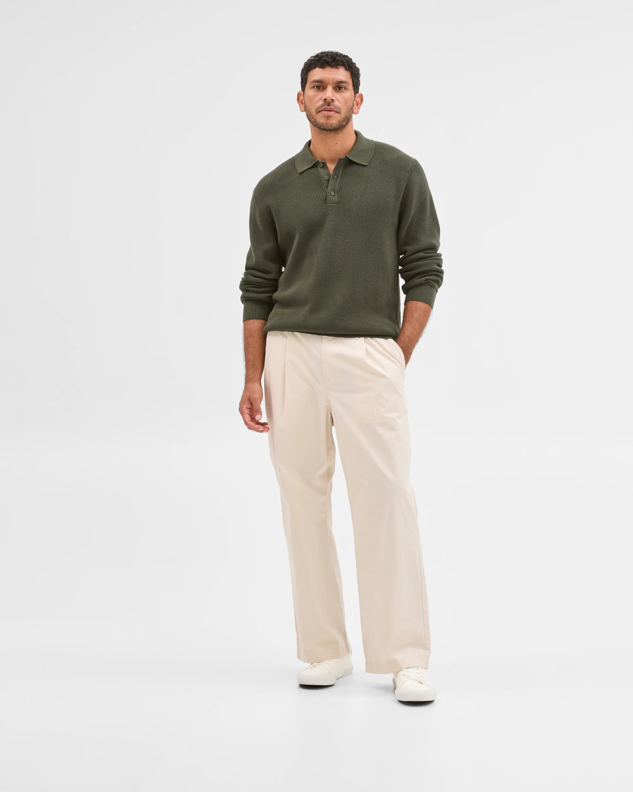 Australian Cotton Lightweight Long Sleeve Polo Neck Knit Sweater - Khaki 3 of 6