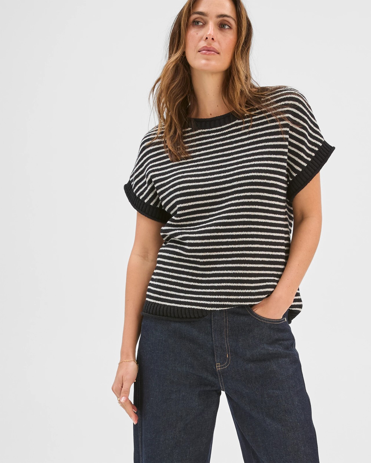 Australian Cotton Blend Boucle Roll Trim Knit Top - Black/Pumice Stripe 3 of 6