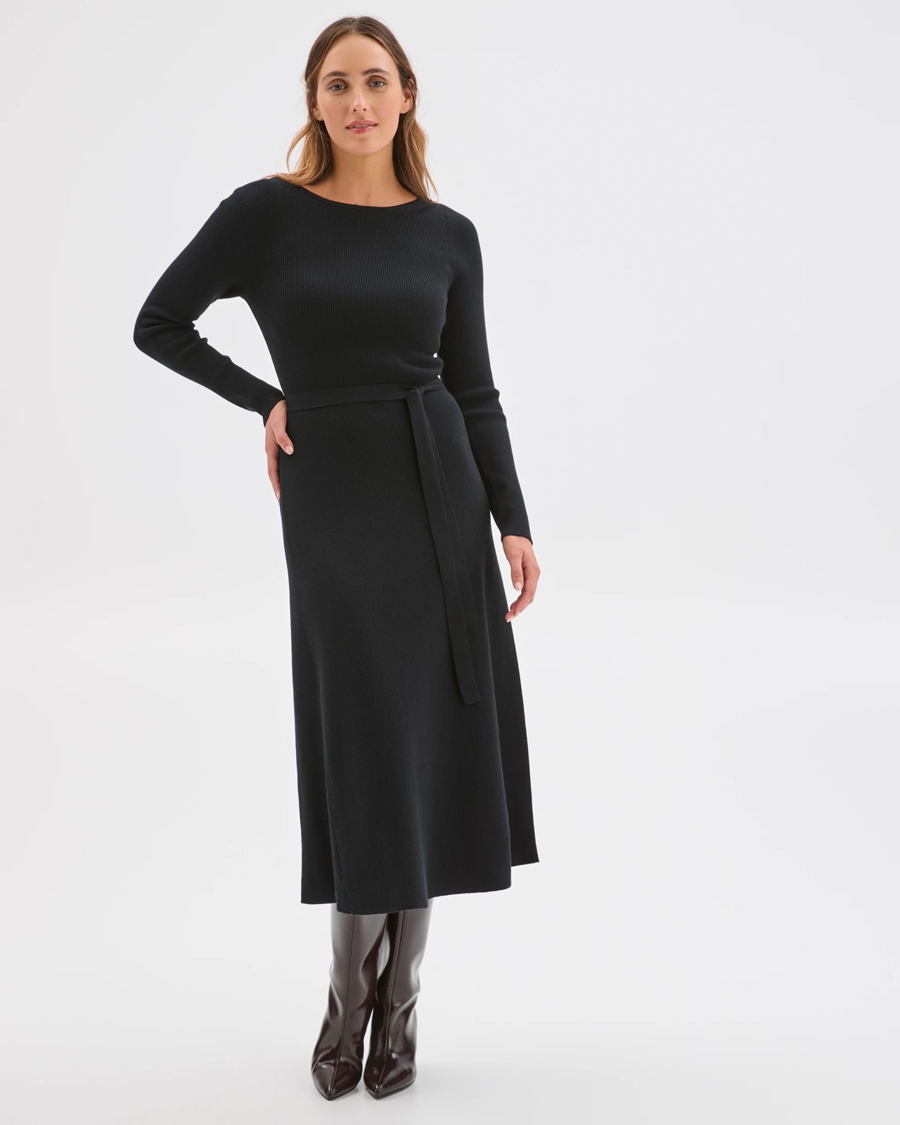 Preview Australian Cotton Blend Long Sleeve Knit Midi Dress - Black 3 of 5