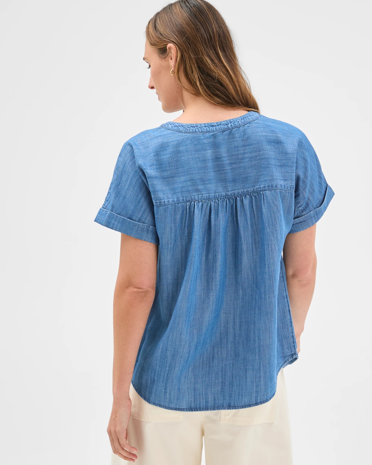 Cotton Blend Short Sleeve Shirred Button Through Top 6 of 6