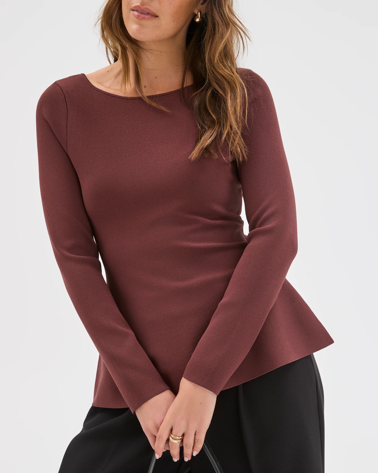 Preview Long Sleeve Peplum Crepe Knit Top - Dark Chocolate 5 of 5