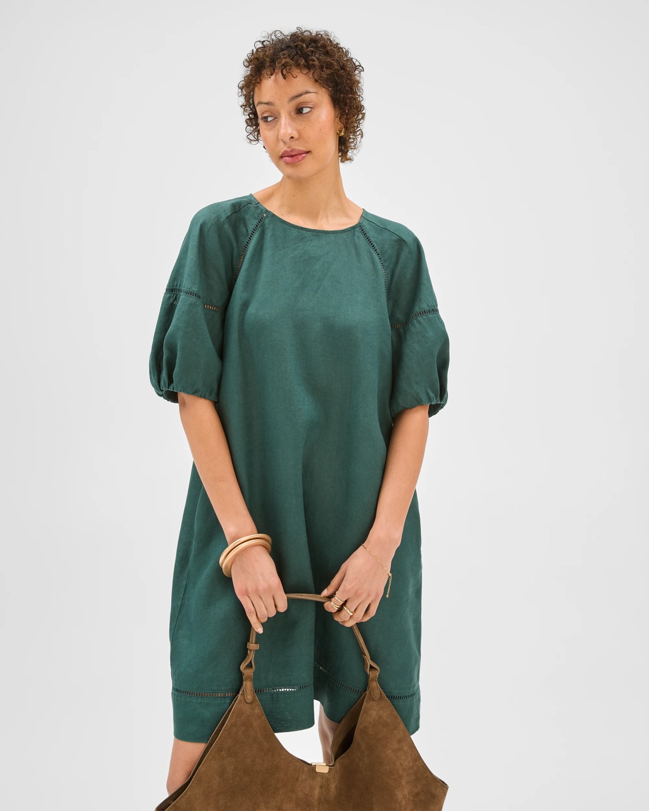 European Linen Trim Detail Mini Dress - Deep Green 4 of 5