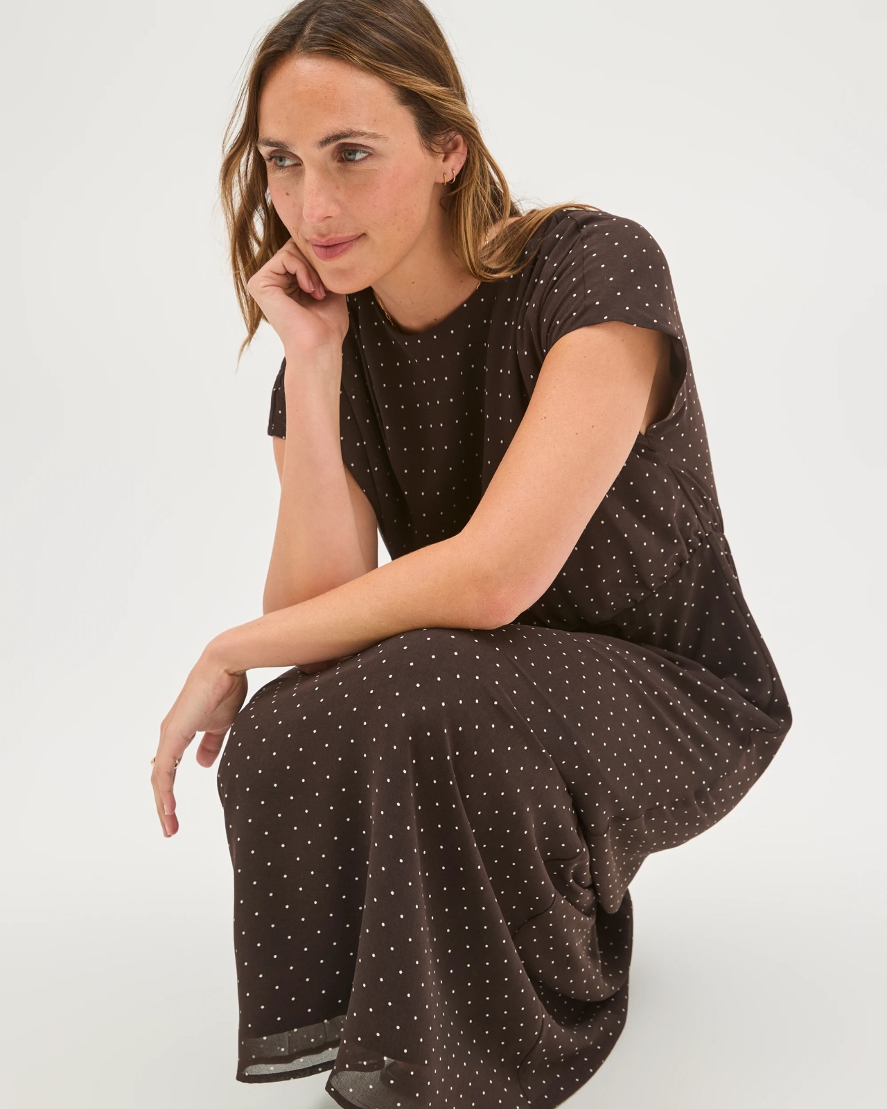 Preview Sheer Drape Front Midi Dress - Coffee Bean Spot 4 of 6