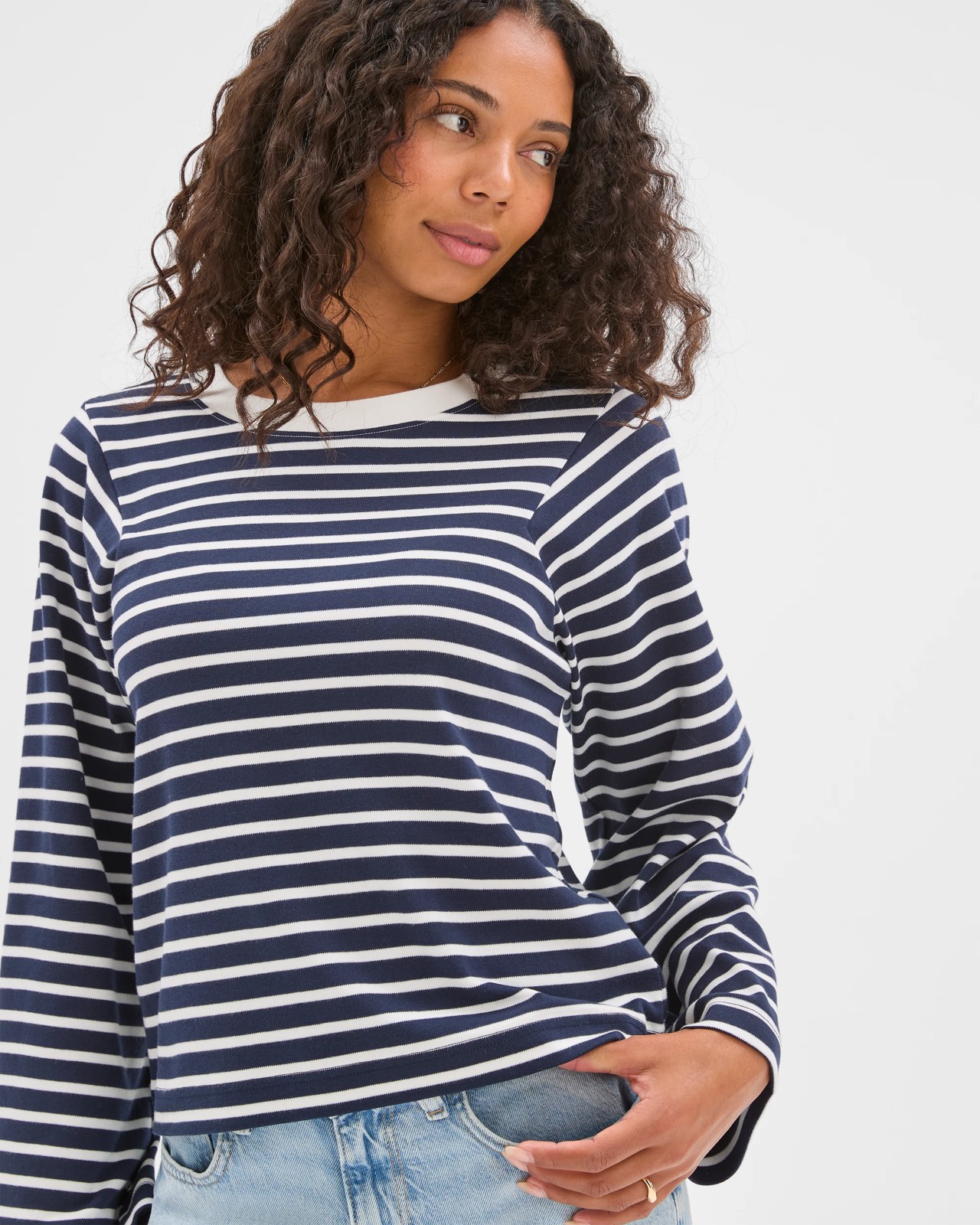 Australian Cotton Long Sleeve Spliced Top - Ink Navy/Brilliant White 5 of 5