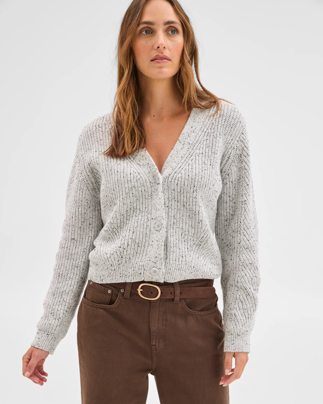 Australian Cotton Blend V-Neck Knit Cardigan - Light Grey 2 of 5