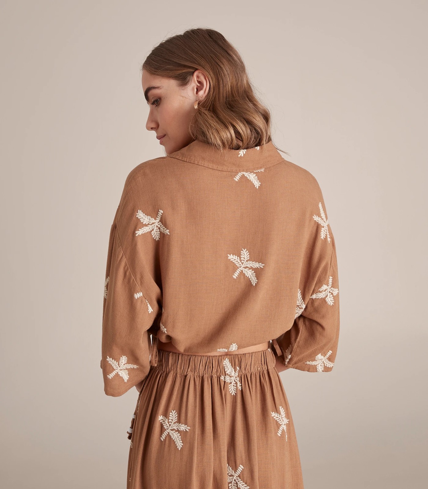 Preview Linen Blend Embroidered Cropped Button Down Shirt 2 of 6