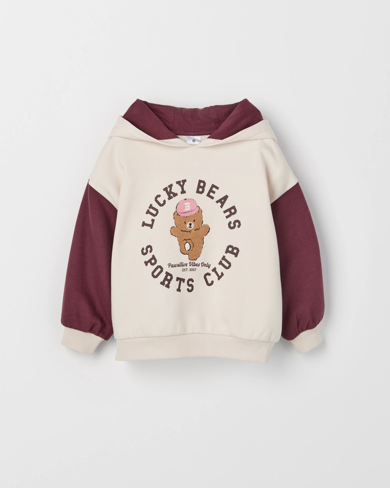Australian Cotton Blend Fashion Hoodie - Lucky Bear Burgundy/Cream 5 of 6
