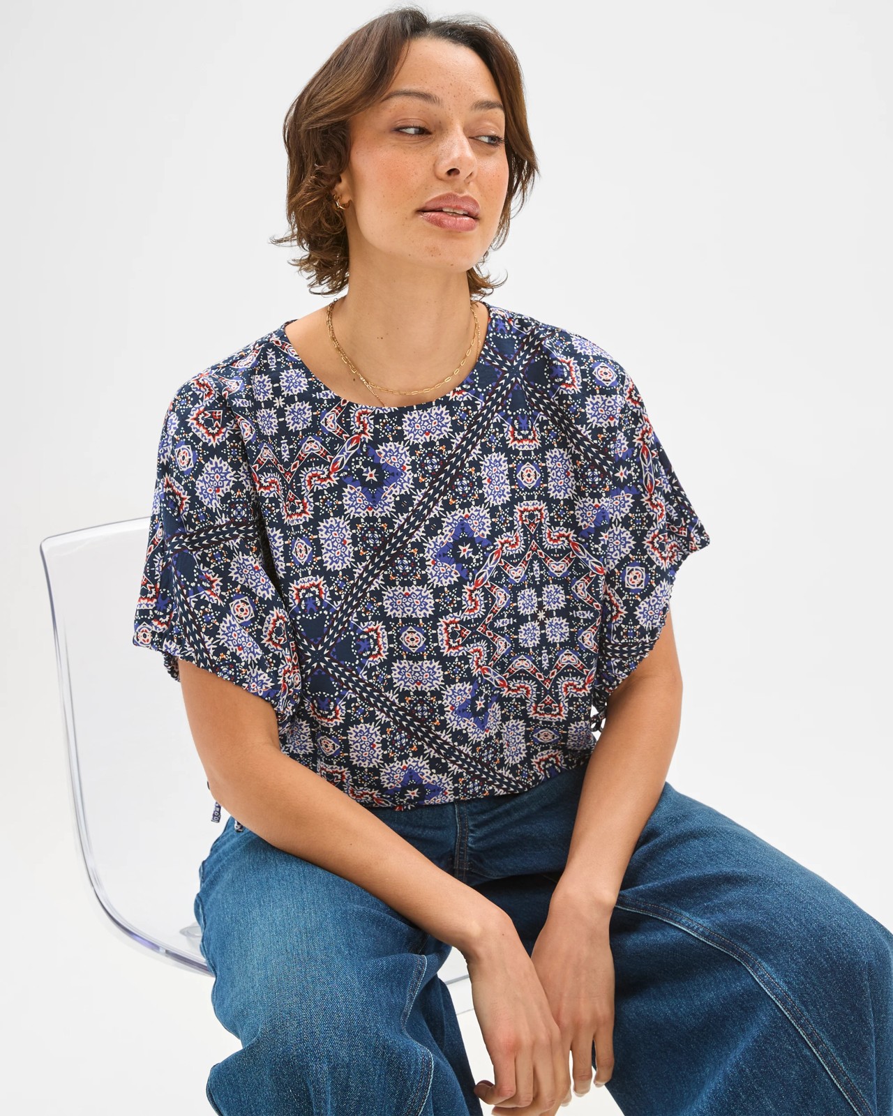 Short Sleeve Tie Detail Blouse - Tile Print 5 of 6